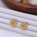 Delicate 22K Gold Plated Floral Stud Earrings with Ruby & Clear CZ Stones