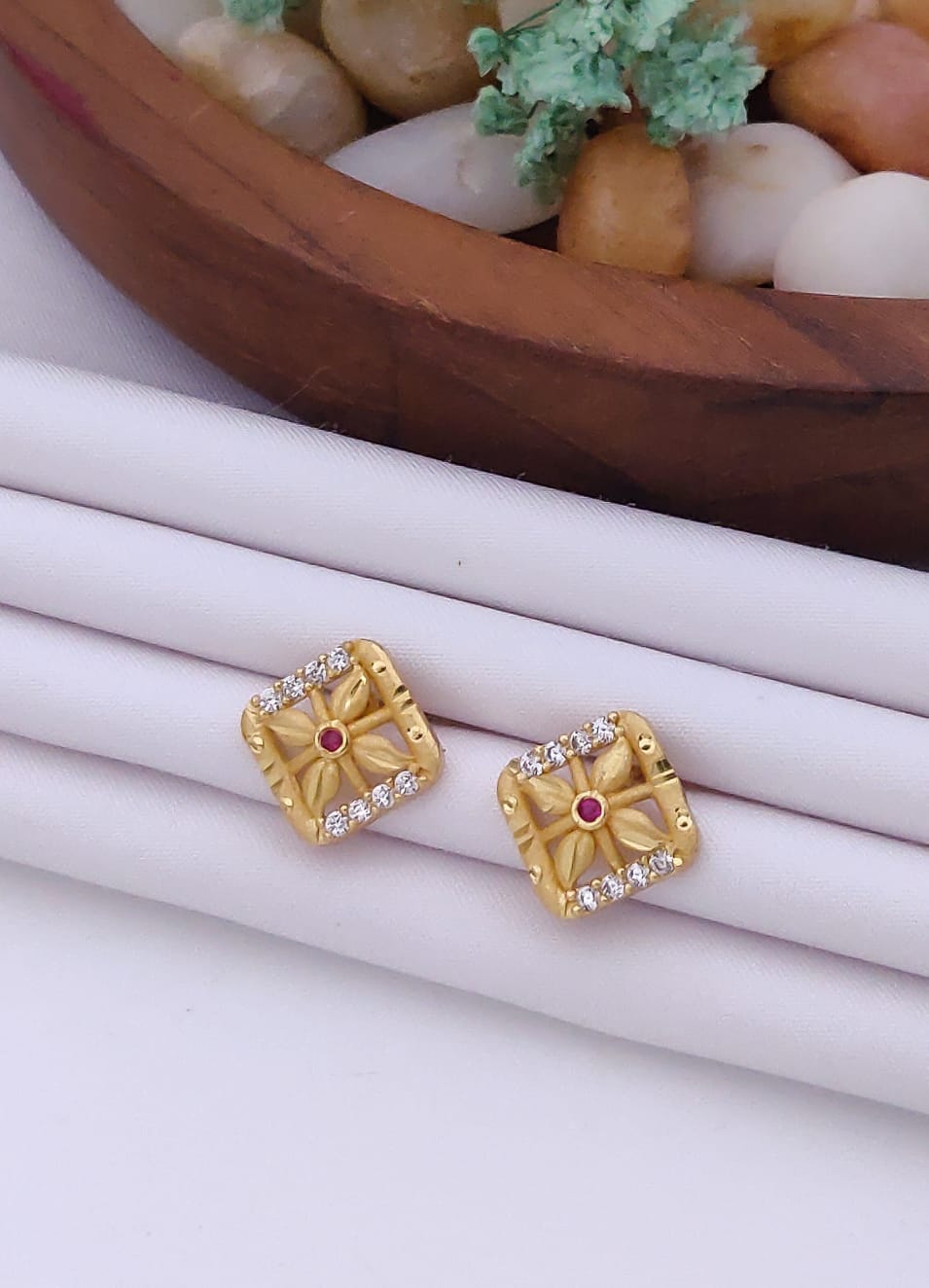 Delicate 22K Gold Plated Floral Stud Earrings with Ruby & Clear CZ Stones