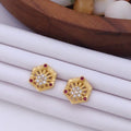 Delicate 22K Gold Plated Floral Stud Earrings with Ruby & Clear CZ Stones