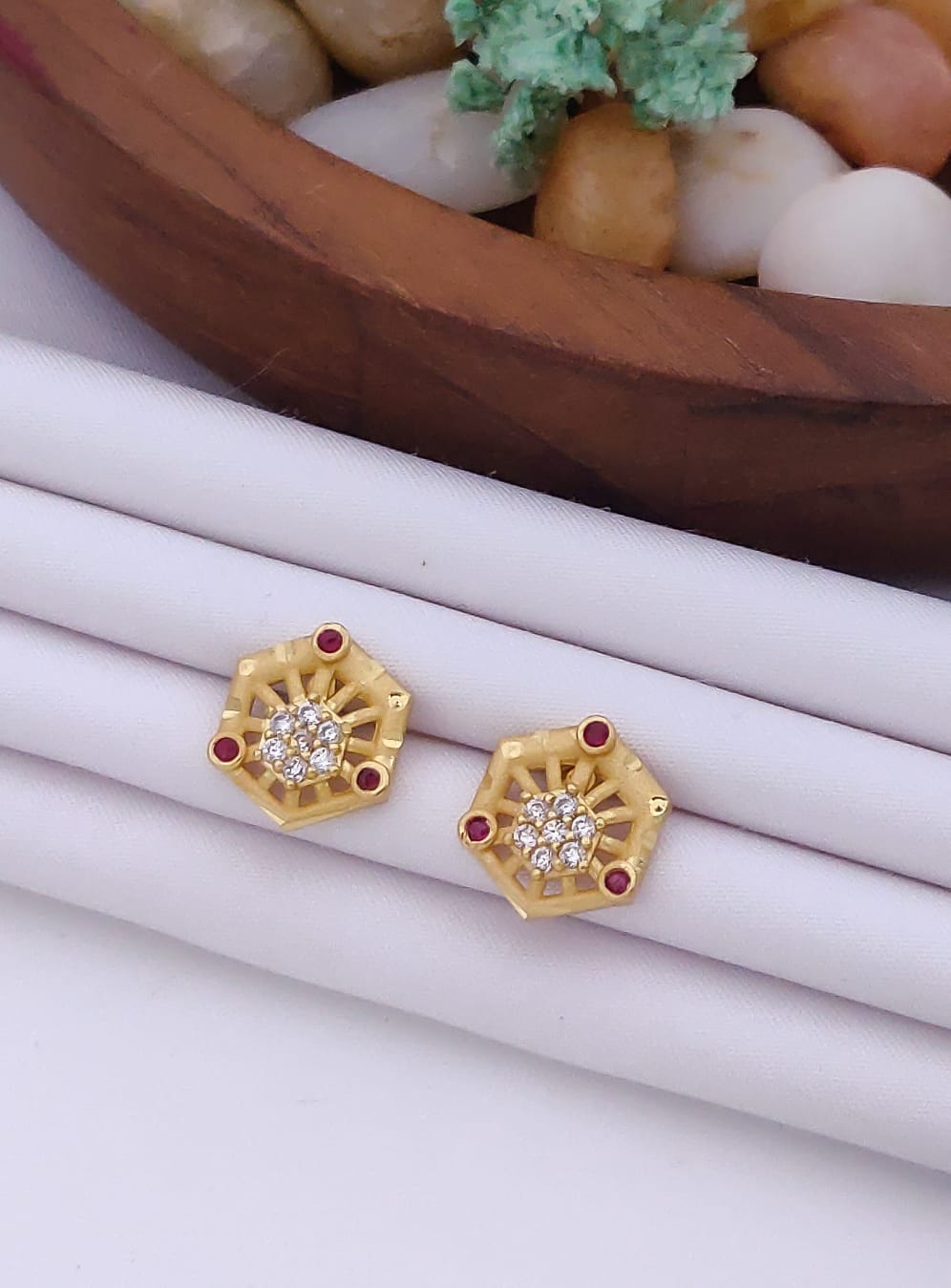 Delicate 22K Gold Plated Floral Stud Earrings with Ruby & Clear CZ Stones