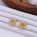 Delicate 22K Gold Plated Floral Stud Earrings with Ruby & Clear CZ Stones
