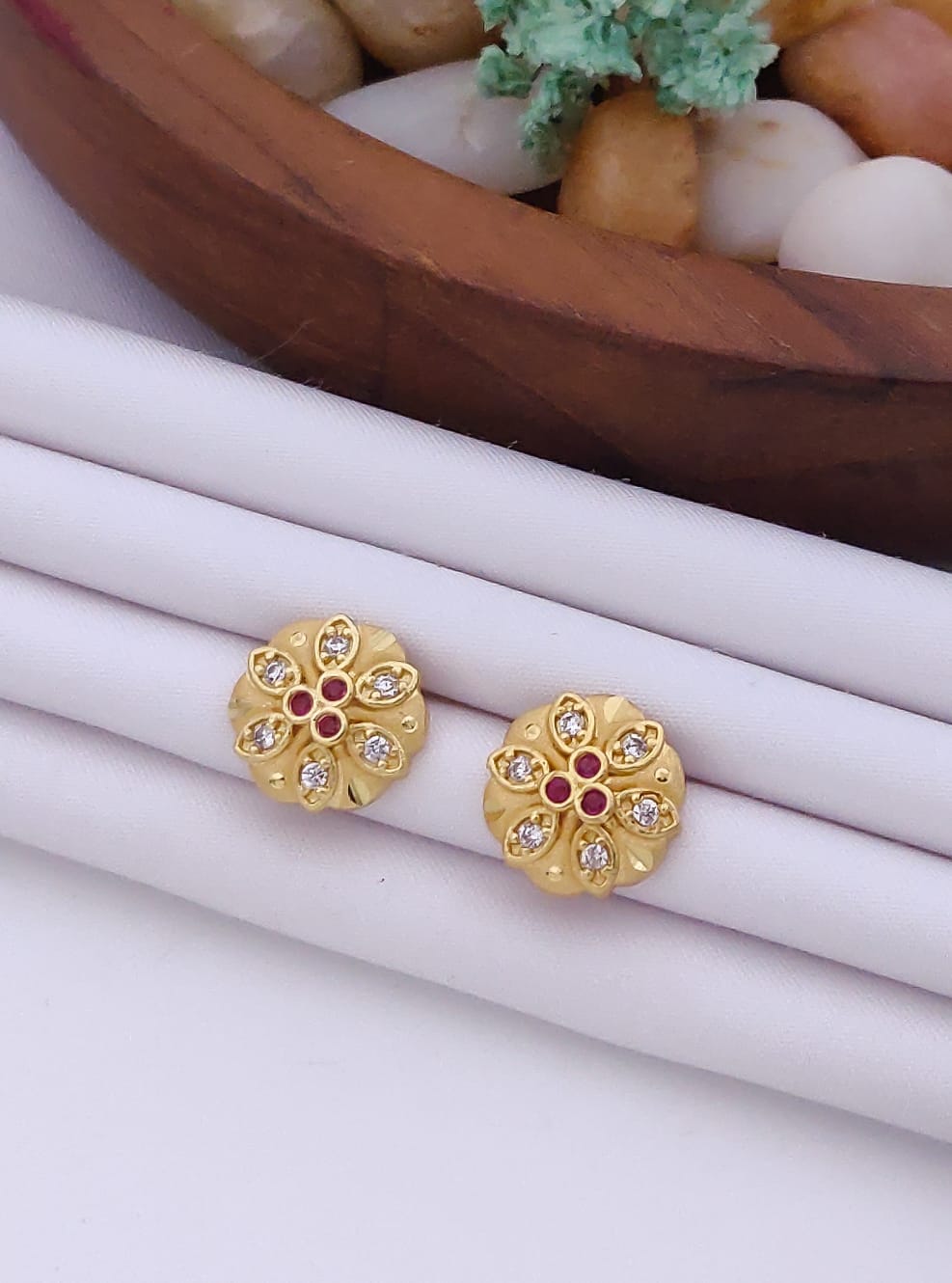Delicate 22K Gold Plated Floral Stud Earrings with Ruby & Clear CZ Stones