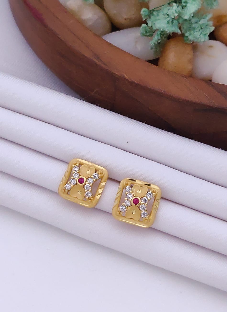 Delicate 22K Gold Plated Floral Stud Earrings with Ruby & Clear CZ Stones