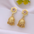 Traditional 22K Gold Plated Mini Jhumka Earrings with Ruby CZ Floral Studs