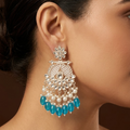 Exquisite Silver-Plated Kundan and Turquoise Blue Beaded Chandbali Earrings for Women