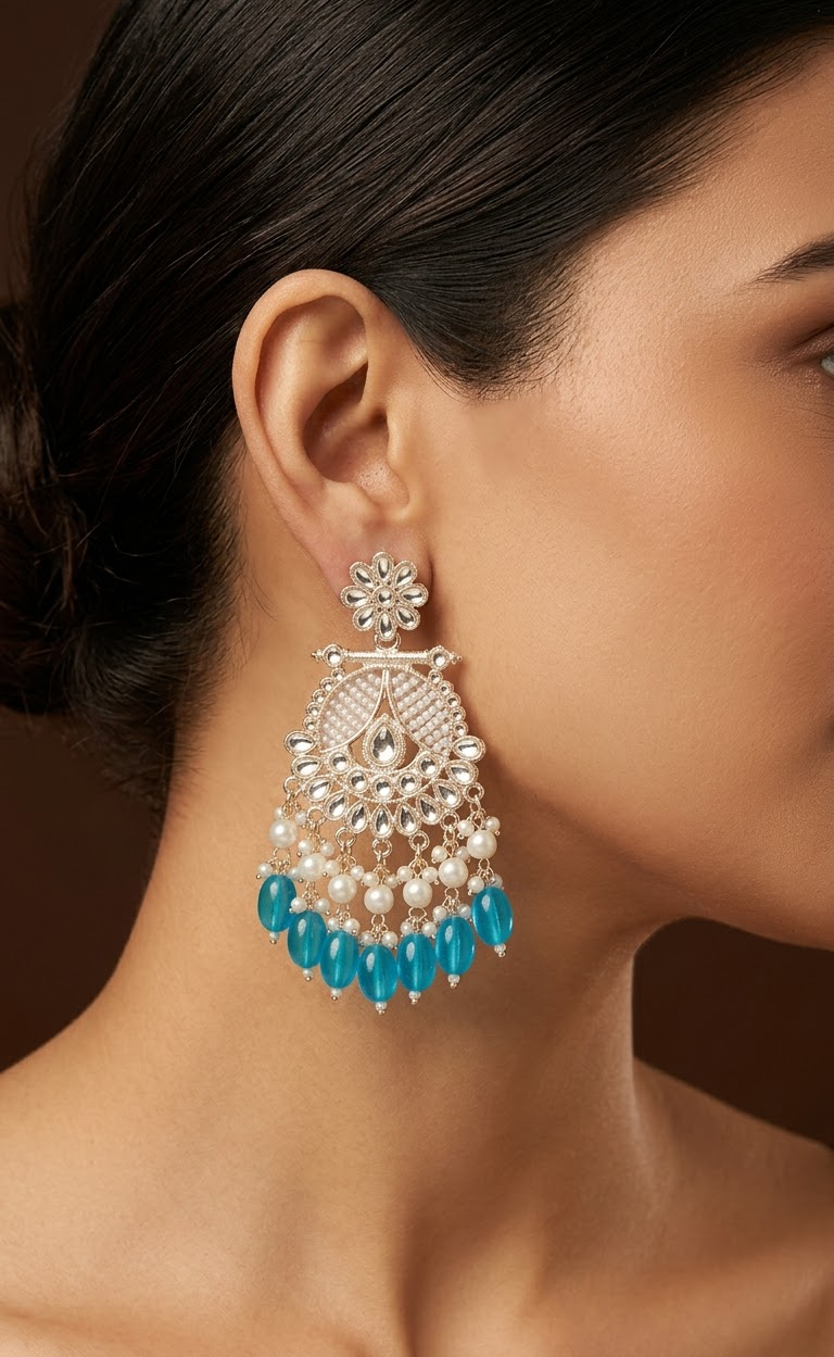 Exquisite Silver-Plated Kundan and Turquoise Blue Beaded Chandbali Earrings for Women