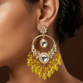 Gold-Plated Kundan and Yellow Bead Drop Chandbali Earrings for Women and Girls