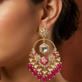 Traditional Gold-Plated Kundan and Meenakari Chandbali Earrings with Pink Beads and Pearl Accents