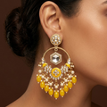 Gold-Plated Traditional Meenakari & Kundan Chandbali Earrings with Yellow Beads and Pearls for Women and Girls
