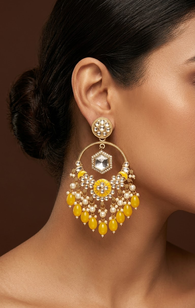 Gold-Plated Traditional Meenakari & Kundan Chandbali Earrings with Yellow Beads and Pearls for Women and Girls