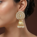 Gold-Plated Kundan Studded Floral Design Jhumka Earrings with Pearl Hangings for Women and Girls