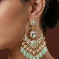 Gold-Plated Mint Green Meenakari & Kundan Chandbalis with Pearl Drops