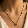 Exquisite Gold-Plated Traditional Mangalsutra with Crescent Pendant and Black Beaded Chain