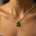 Gold-Plated Emerald Green Baguette Stone Pendant with Sleek Snake Chain Necklace for Women and Girls