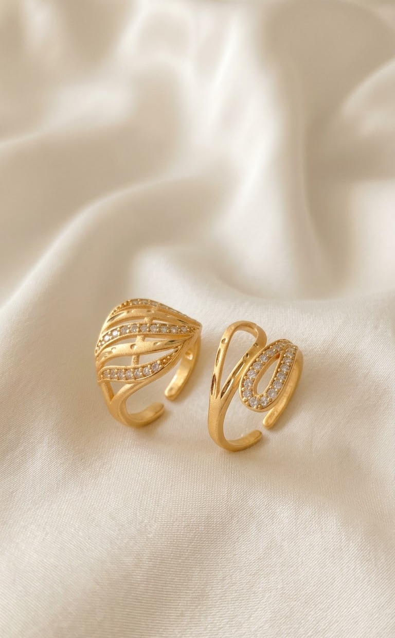 Gold-Plated American Diamond Open Ring Combo For Women And Girls (Pack of 2)