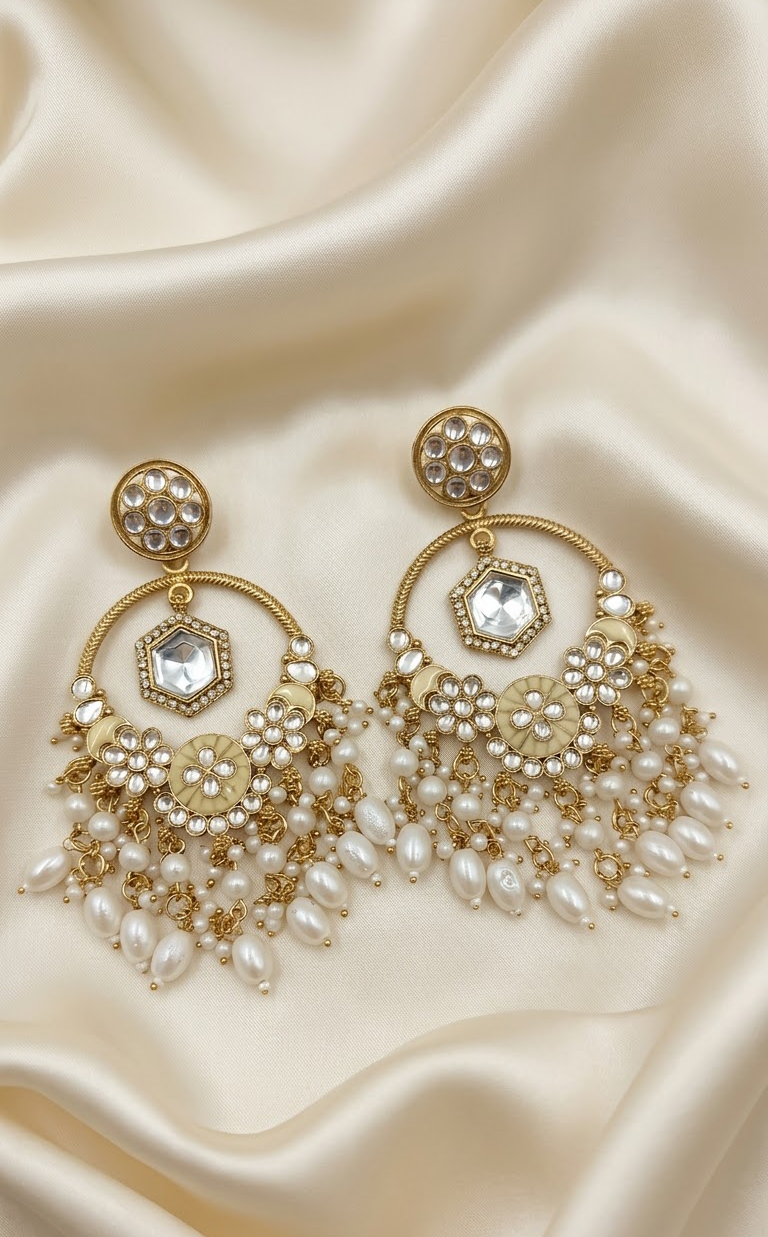 Gold-Plated Traditional Ethnic Stone Studded & Pearl Beaded Chandbalis Earrings For Women & Girls
