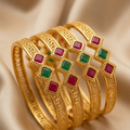 Gold-Plated Traditional Ruby & Emerald Stone Studded Bangles Set (Pack of 4)