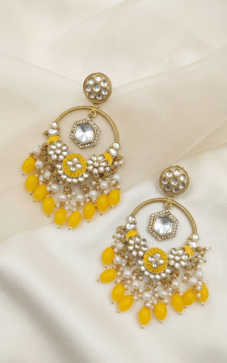 Gold-Plated Traditional Meenakari & Kundan Chandbali Earrings with Yellow Beads and Pearls for Women and Girls