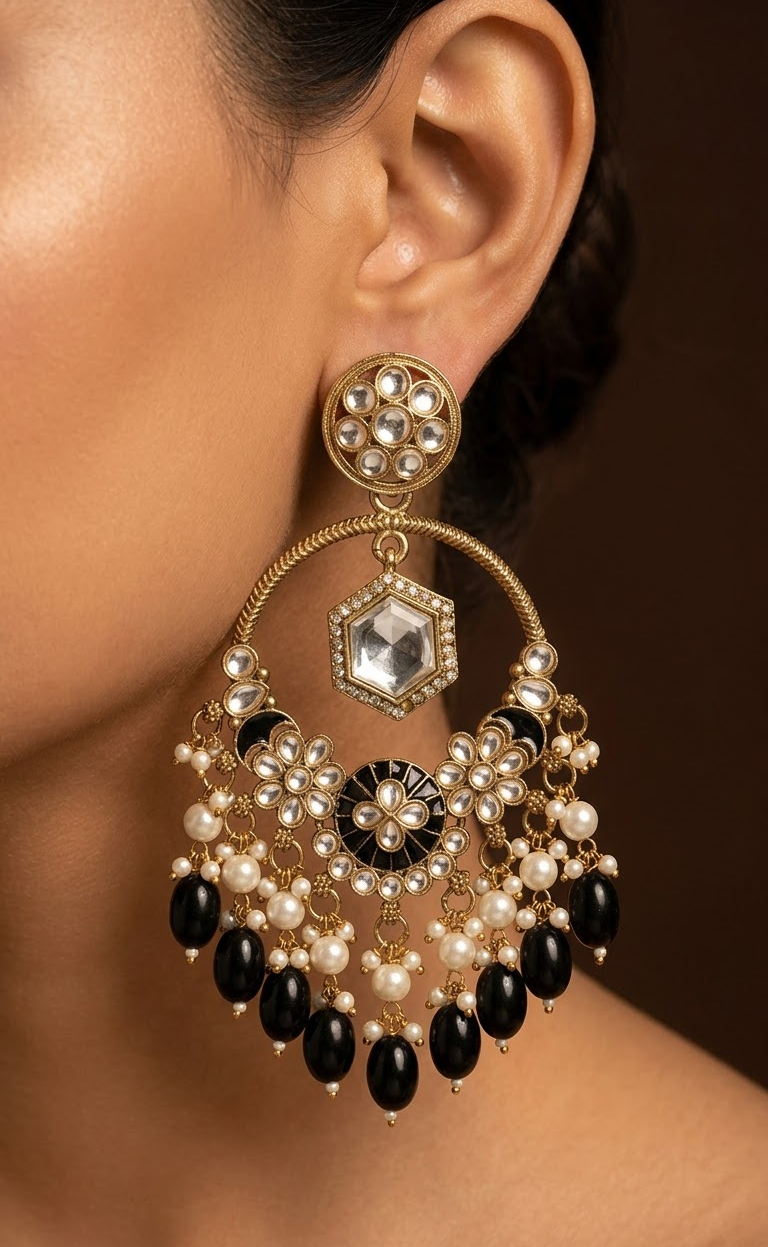 Gold-Plated Traditional & Modern Black Bead Dangle & Drop Earrings for Women