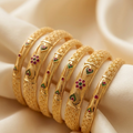 Gold-Plated Meenakari & Ruby-Emerald Stone Studded Bangle Set for Women