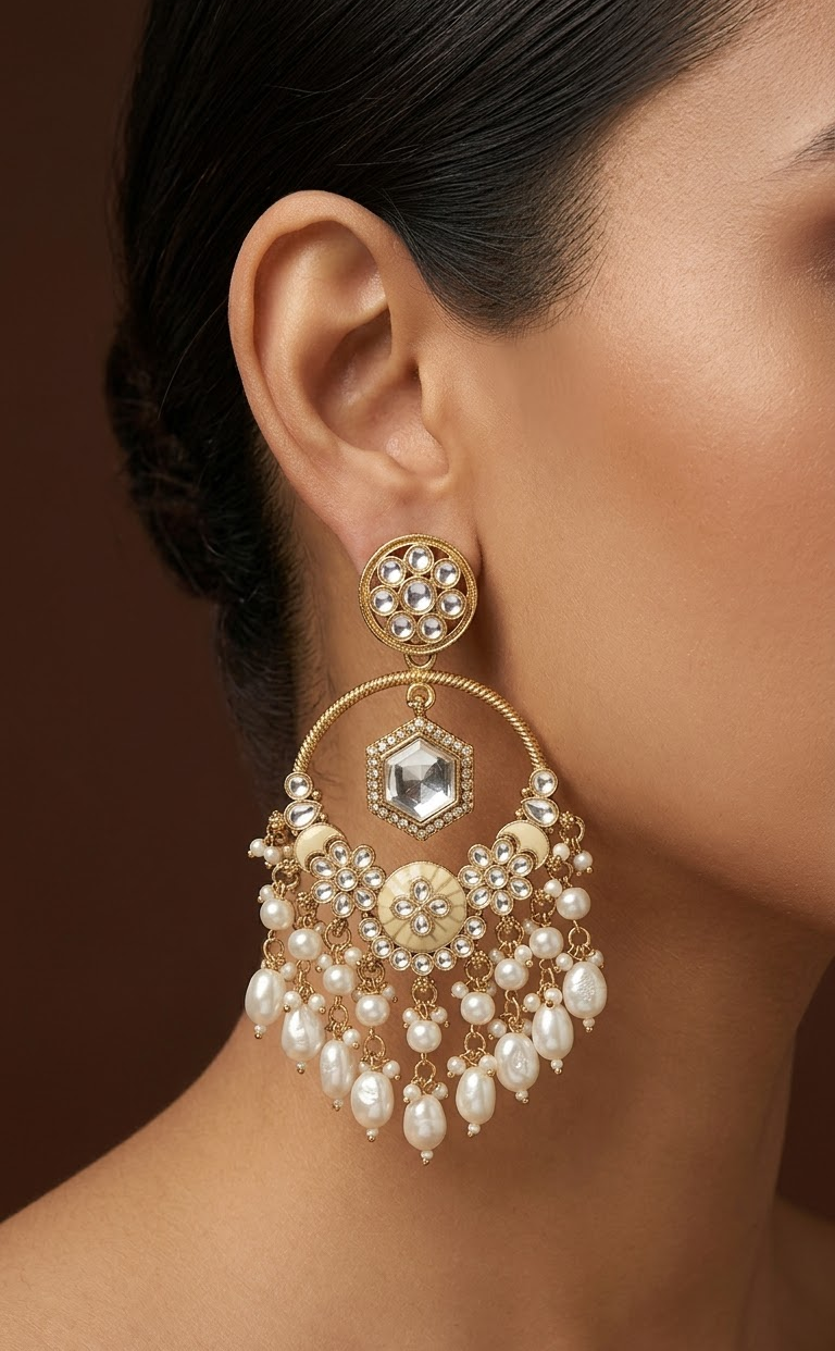 Gold-Plated Traditional Ethnic Stone Studded & Pearl Beaded Chandbalis Earrings For Women & Girls