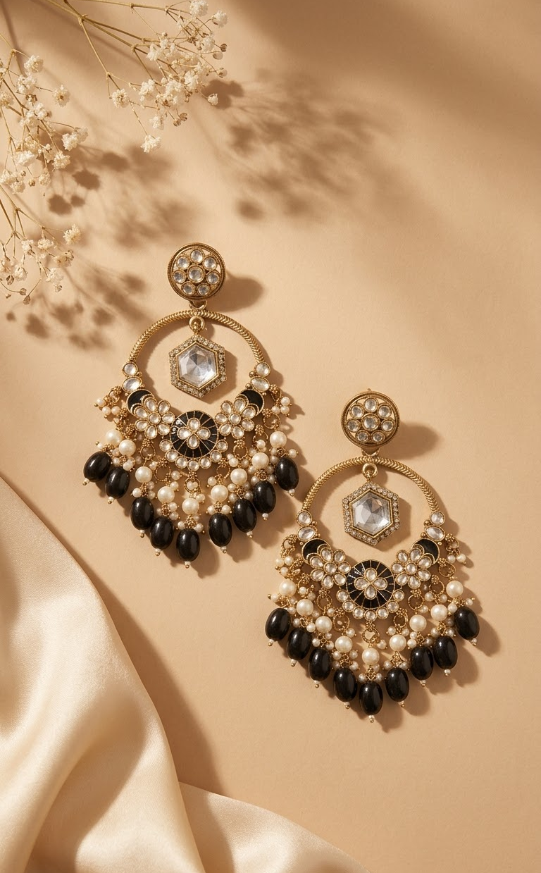 Gold-Plated Traditional & Modern Black Bead Dangle & Drop Earrings for Women