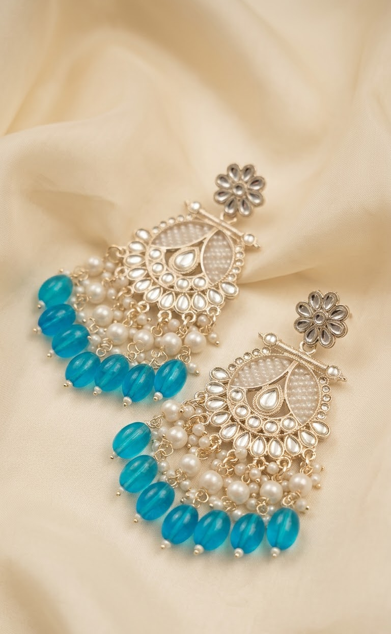 Exquisite Silver-Plated Kundan and Turquoise Blue Beaded Chandbali Earrings for Women