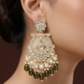 Exquisite Gold-Plated Kundan and Pearl Drop Earrings with Olive Green Beads for Women