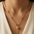 Traditional Gold-Plated Beaded Mangalsutra with Round CZ Pendant and Dainty Tassels for Women