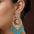 Gold-Plated Kundan and Turquoise Blue Beaded Drop Chandbali Earrings for Women & Girls