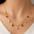 Gold-Plated Dainty Heart Charm Chain Necklace with Red and White Crystals for Women and Girls