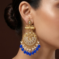 Gold-Plated Traditional Peacock Design Kundan and Blue Beaded Drop Earrings for Women and Girls
